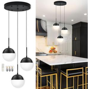 Black 3-Light Dimmable Modern Chandeliers for Dining Room Chandelier Frosted Milky White Glass Globe Height-Adjustable Cluster Pendant Lights Bedroom Dining Room (Bulb & Remote Incl)