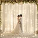 10ft x 10ft Ivory Chiffon Backdrop Curtain with Lights String for Parties,2 Panels Sheer Tulle Curtain Wedding Photo Backdrop with Lights for Baby Shower Birthday Party Ceremony Home Decorations