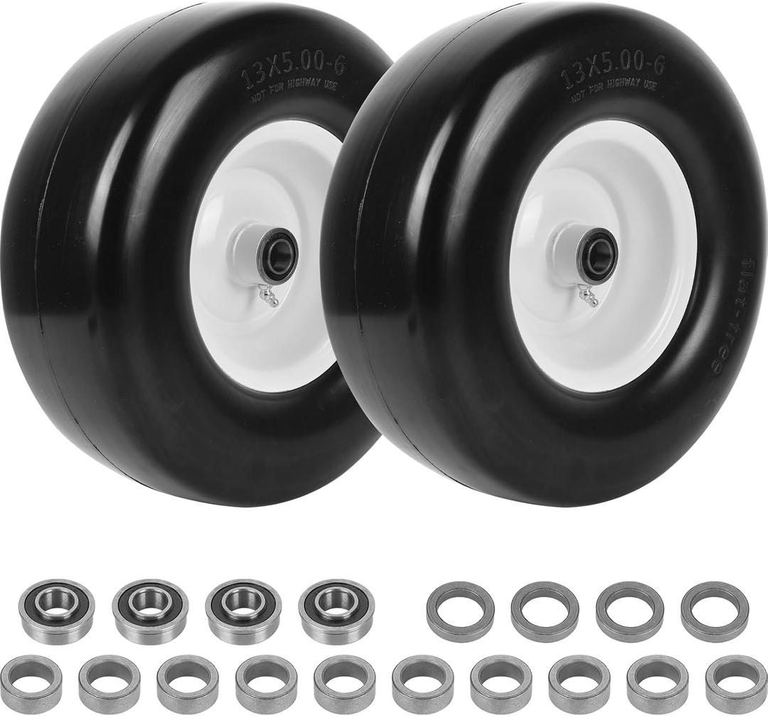AR-PRO (Pack of 2) 13 x 5.00-6" Flat Free Tire and Wheel, Replacement Solid Lawn Mower Tires with Rim, 3" Centered Hub and 3/4" Extra 5/8" Bearings - Fit for Most Riding Mower, Garden Lawn Tractor (White(Smooth Tread))