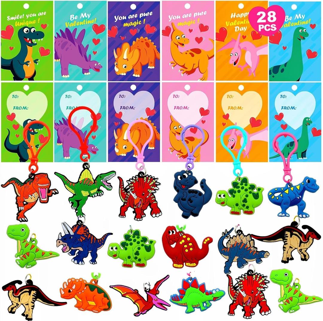 28 Pack Valentines Dinosaur Keychains with Cards , Valentines Day Gifts For Kids Dinosaur Valentine Day Cards Bulk Classroom School Exchange Prize Valentines Party Favors for Kids Boy Girl