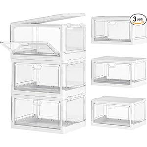 Kmiectse Clear Storage Bin with Lid 3 Pack 【Stackable & Sturdy】 Plastic Multifunctional Folding Storage Bins for Bedroom, Living Room, Study,Room, 23 QT Folding Box with Magnetic Door