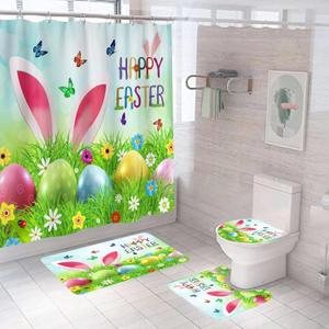 4 Pcs Easter Shower Curtain Set with Non-Slip Rugs, Toilet Lid Cover and Bath Mat, Cute Rabbit Ear Colorful Easter Eggs Shower Curtains with 12 Hooks (Green)