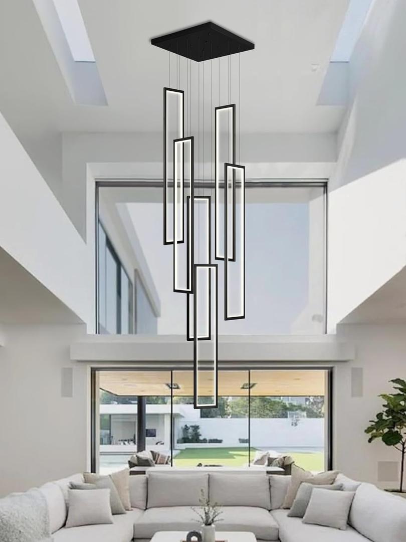 Flashing God Modern Chandelier,Black Chandeliers with 6 Ring Led Foyer Chandelier,Larger High Ceiling Chandeliers for Living Room,Rectangle Chandelier for Entryway Staircase LED Dimming 2700k-6001k