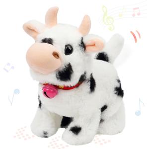 Hopearl Walking Cow Interactive Electronic Pet Plush Diary Cattle Toy with Sounds and Movements MOO Nodding Head Wag Tail Animated Gift for Toddlers Birthday, Black, 7''