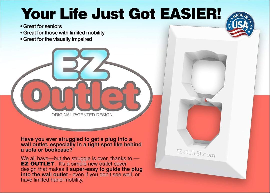 EZ Outlet Wall Plate Cover with Contoured Design to Guide Electric Plug- Great for Seniors or Visually Impaired- Made in the USA