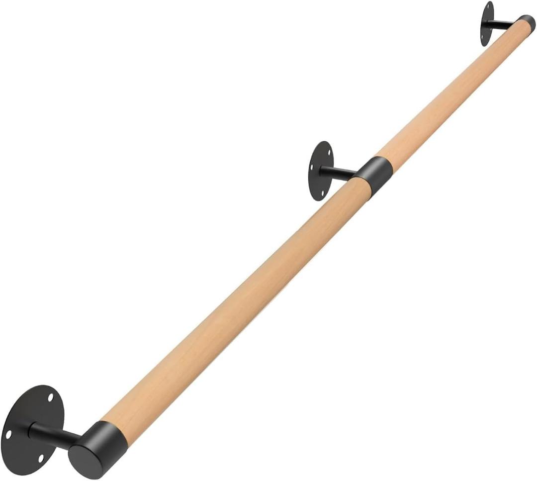 4 FT Wall Mount Wood Handrails for Indoor Stairs- Metal Support Wooden Staircase Handrails, Interior Stair Railings, Banister Hand Railing, Outdoor Grab Bars Safety Handle for Elderly