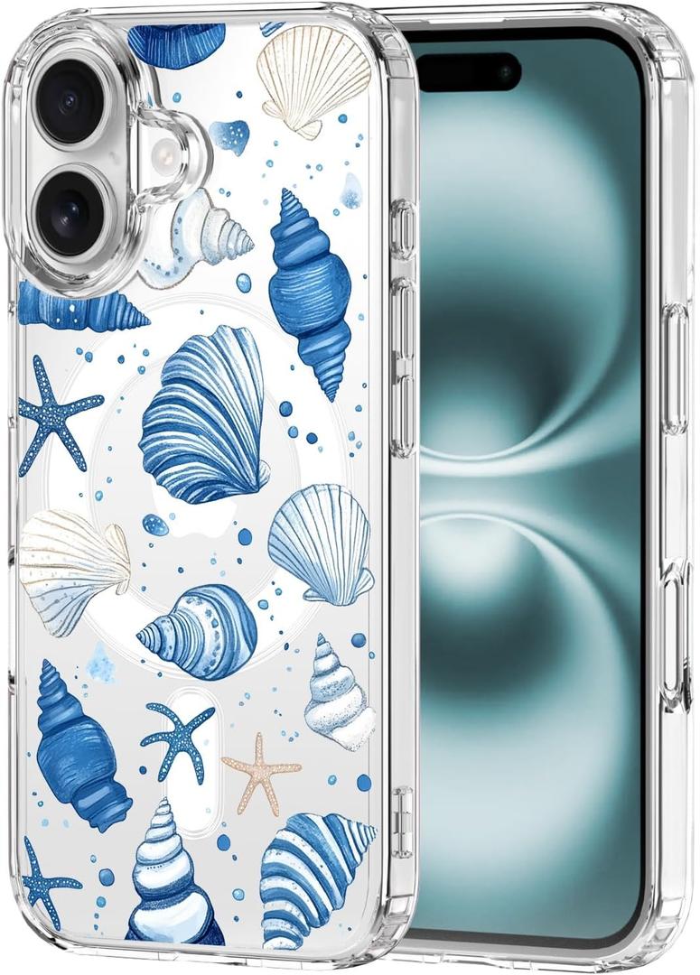 MAYCARI Ocean Theme Original iPhone 16 Case Compatible with Magnet Blue Marine Shells Clear Magnetic Phone Cover for Girls Women Summer Soft TPU Hard Back Shockproof Protective Case for 16 6.1"