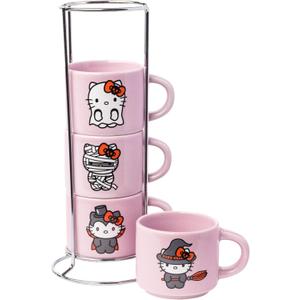 Silver Buffalo Sanrio Hello Kitty Halloween 4 Pack Stackable Ceramic Mug Set With Storage Rack, 3 Ounces