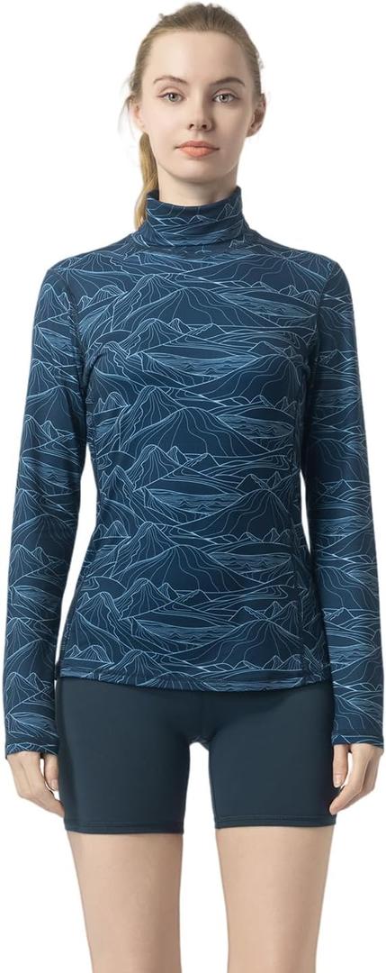 Women's Slim Fit Turtleneck Base Layer Long Sleeve Top, Mountain Print, Moisture-Wicking for Workouts & Outdoor Medium