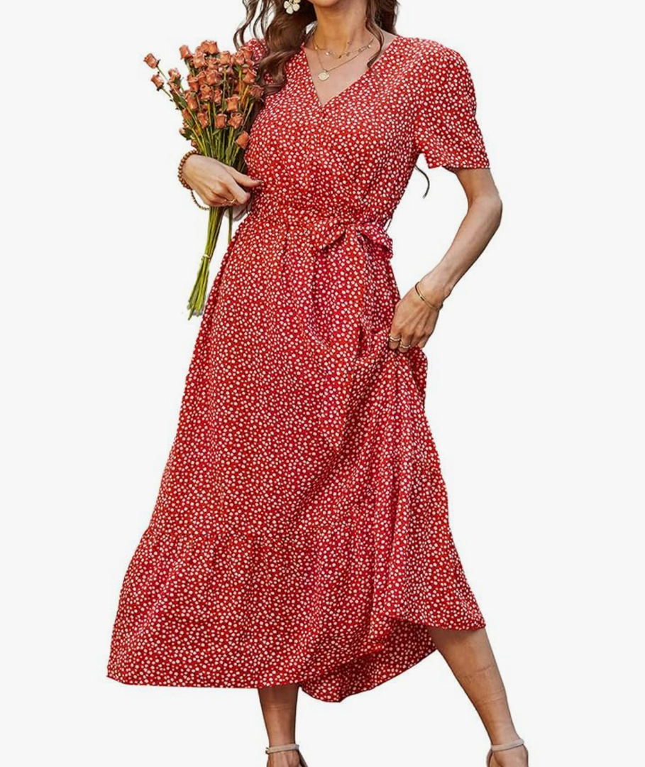 PRETTYGARDEN Women's Summer Floral Boho Maxi Dress Wrap Short Sleeve V Neck Ruffle A-Line Flowy Wedding Guest Long Dresses
M