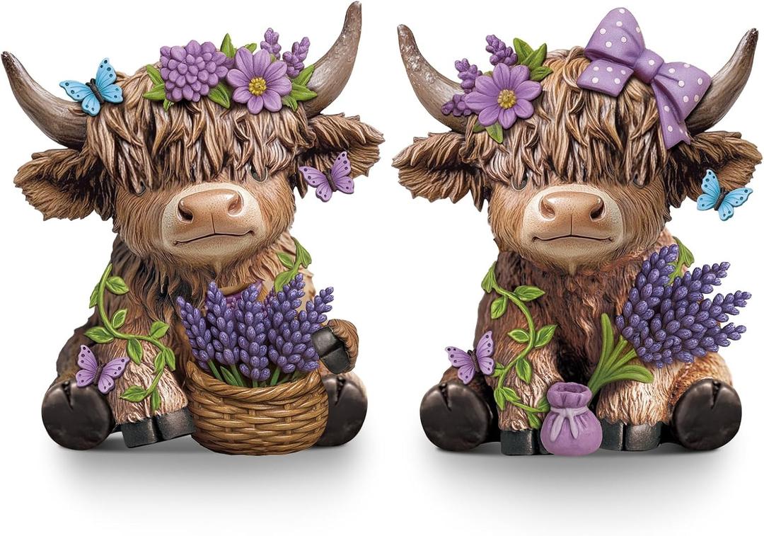 Wesiti 2 Pcs Mother's Day Lavender Highland Cow Figurines Gifts for Mom, Purple Scottish Gnome Resin Statue for Spring Summer Home Garden Kitchen Office Tiered Tray Decor