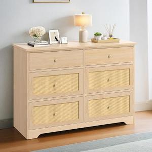 YITAHOME Rattan Dressers & Chests of Drawers, 6 Drawer Modern Closet Dresser, Wood Color