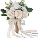 Wedding Bouquets for Bride Bridesmaid,White Champagne Artificial Roses Flowers for Wedding Church Decoration (6.5in)
