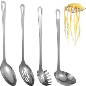 4 Pcs Stainless Steel Cooking Utensils Set, Includes Ladle, Slotted Serving Spoon, Solid Serving Spoon, Pasta Server, 430 Stainless Steel Metal Kitchen Utensils for Cooking