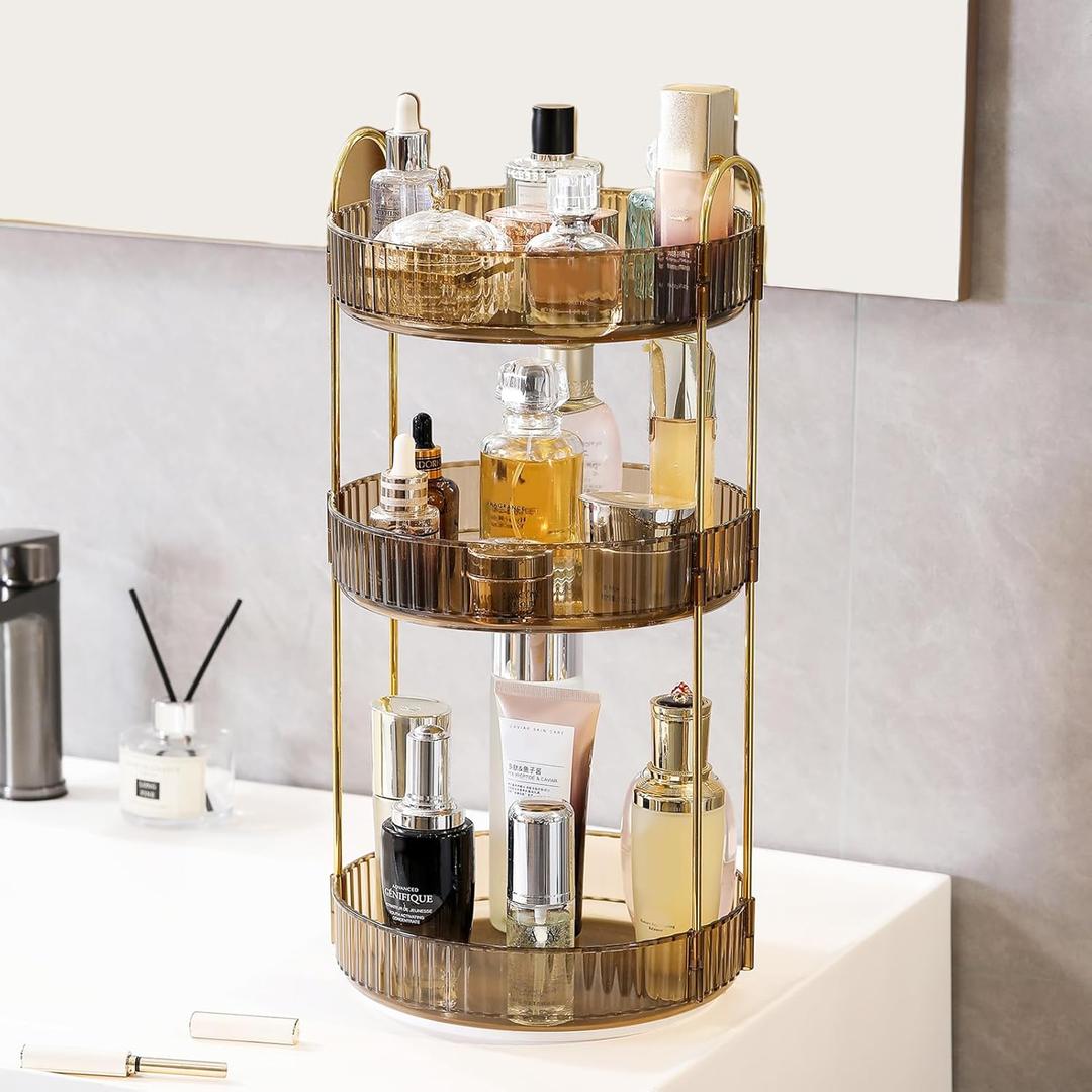 Aveniee Rotating Makeup Organizer for Vanity, 3 Tier Perfume Organizers and Storage for Bathroom Countertop, Clear Spinning Skincare Counter Shelf Holder for Dresser,Brown