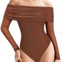 MANGOPOP Women's Off The Shoulder Long Sleeve Bodysuit Sexy Sheer Mesh Top Double Lined Body Suits Fall Outfit 2025, Brown, S