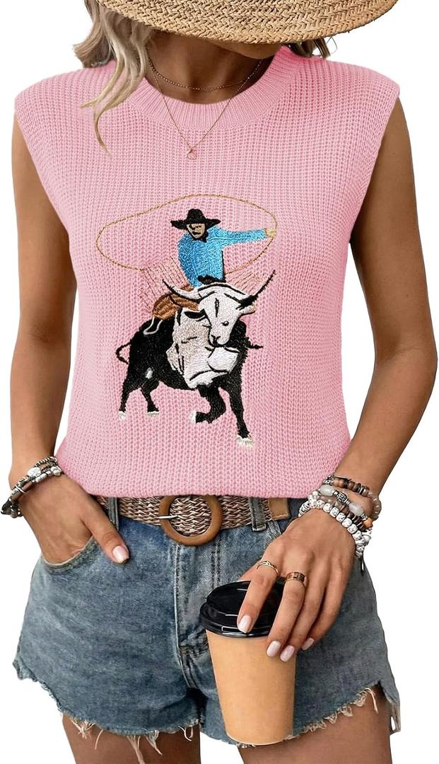 SHEWIN Women's Western Sweater Vest Crewneck Sleeveless Tops Cowgirl Casual Embroidered Tank Top 2026 (L)