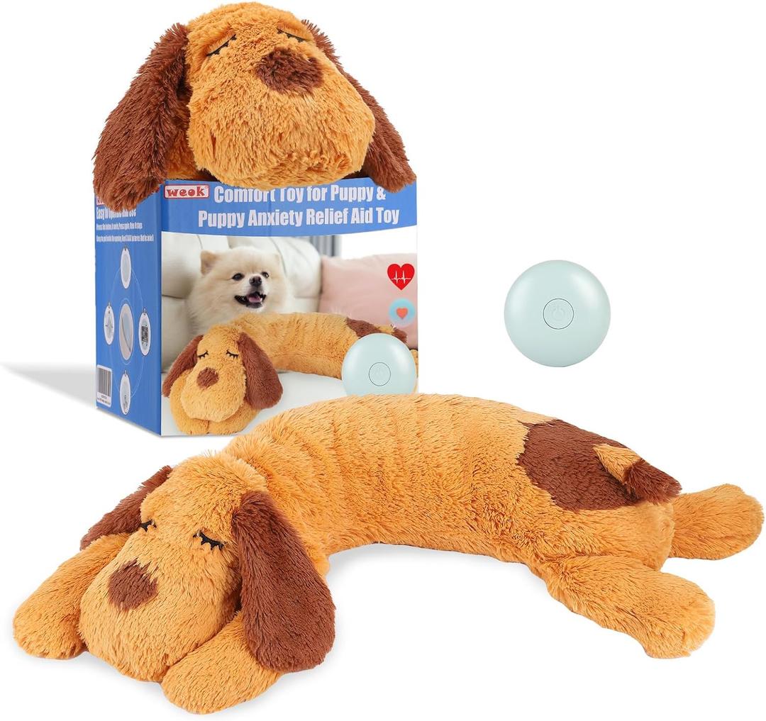 WEOK Heartbeat Puppy Toy, Comfort Cuddler Pillow, Dog Anxiety Relief Calming Aid,Heartbeat Stuffed Toy for Dogs,Puppy Heartbeat Toy Sleep Aid,Dog Heartbeat Toy for Pet (Brown1)