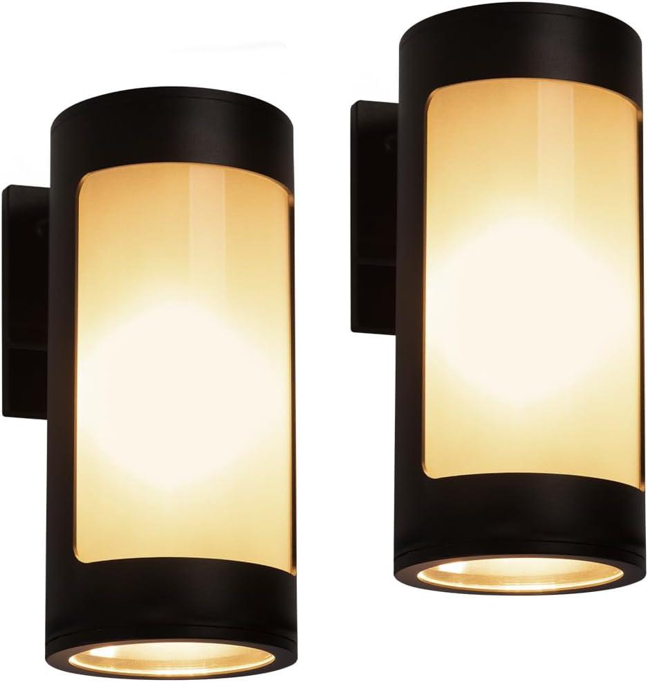 Cerdeco Black Outdoor Wall Lights,Cylinder Stainless Steel Porch Light with Frosted Glass,Modern Outdoor Wall Sconces,2 Pack