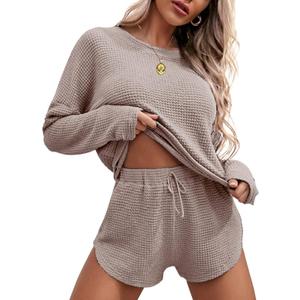 Ekouaer Womens Waffle Knit Pajama Sets Long Sleeve Top and Shorts Matching Lounge Set Loungewear Sweatsuit with Pockets