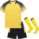 Hiheart Boys Soccer Jersey Set Football Team T-Shirt and Shorts with Socks Athletic Tracksuit (7-8 Years, Yellow)