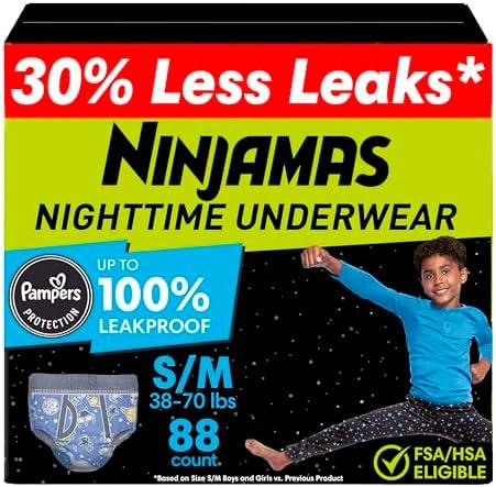 Ninjamas Boys Bedwetting Nighttime Underwear, Size S/M (38-70 lbs), 66 Count, Overnight Protection, Ultra Absorbent, Hypoallergenic