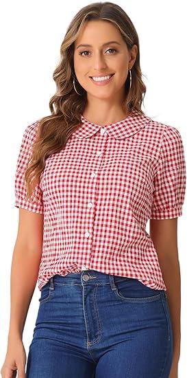 Allegra K Women's Peter Pan Collar Plaid Shirt Puff Short Sleeve Button Down Blouses Casual Summer Gingham Tops XL