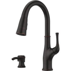 Pfister Alderwood Kitchen Faucet with Pull Down Sprayer and Soap Dispenser Single Handle High Arc Spout NSF Certified Tuscan Bronze Finish 360-Degree Swivel F5297AWY