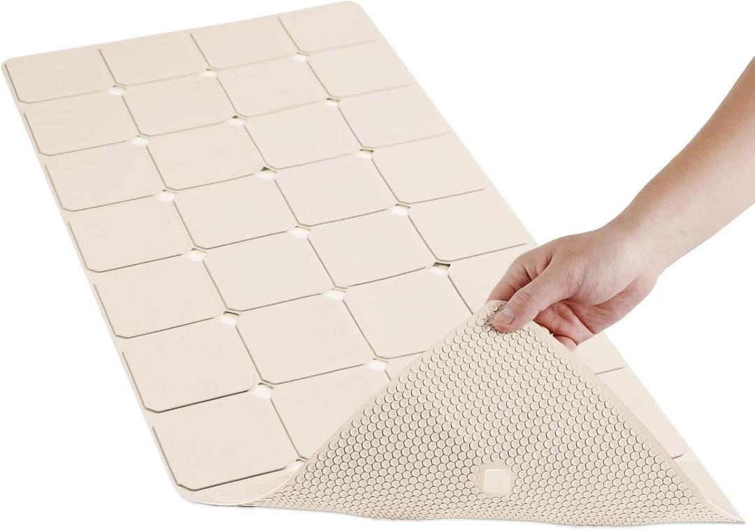 Bathtub Mat Non-Slip Silicone Soft Odorless Large Bath Mat No Suction Cups for Refinished,Reglazed and Textured Shower Mats Non Slip Extra Long Tub Mat (16x40inch Beige)
