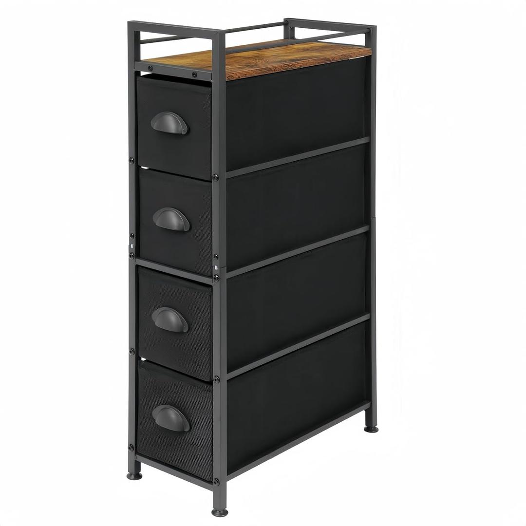 MOOACE Narrow Dresser Storage Tower with 4 Drawers, Slim Dresser Chest of Drawers, Vertical Small Fabric Dresser Standing, Wood Top Organizer for Bedroom, Bathroom & Laundry, Black/Brown