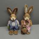 DR.DUDU Set of 2 Easter Decorations for Home- 14" Sisal Bunny Figurines with Carrot & Egg, Spring Straw Bunny Couple Farmhouse Centerpieces for Tables, Easter Rabbits Decor