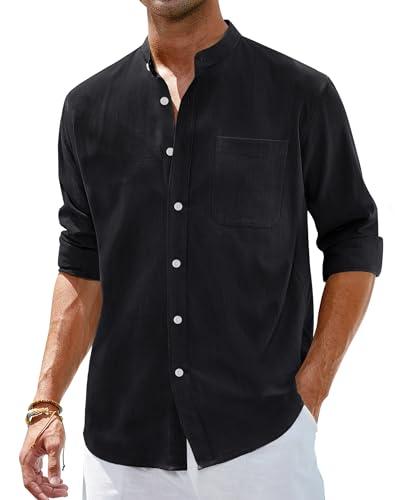 Alimens & Gentle Men's Cotton Linen Shirts Long Sleeve Button Down Shirt Band Collar Beach Shirts Black.L