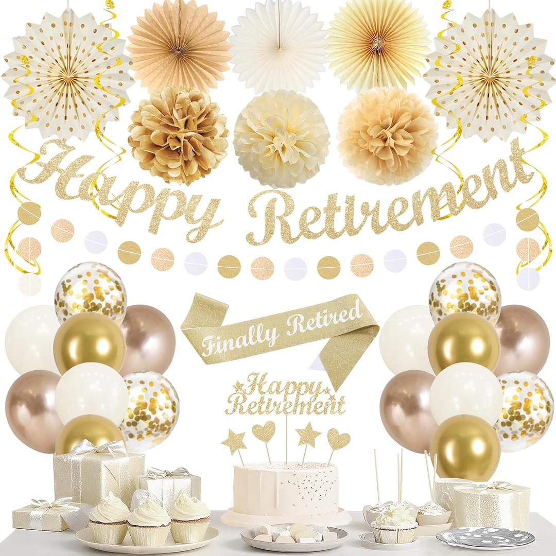Vlipoeasn Retirement Decorations for Men Women, Champagne Gold Official Retired, Happy Retirement Banner Swirls Party Supplies Retired Farewell Party Set Work Graduation Party Decorations