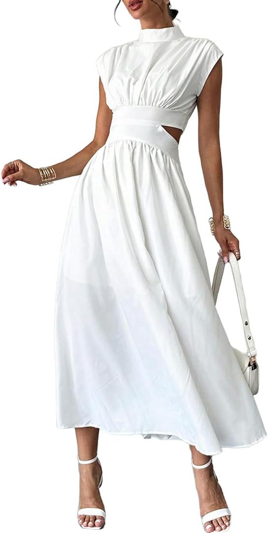 Milumia Women's Mock Neck Cut Out Dress Cap Sleeve Long Flowy Going Out Maxi Dresses with Pockets (Medium, White)