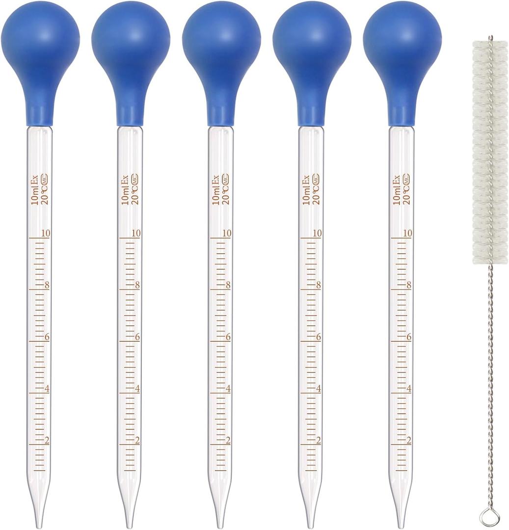 5 Pack 10ml Glass Pipette Dropper Lab Graduated Dropper Glass Liquid Pipette with 1 Pc Cleaning Brush for Liquid Essential Oil, Lab Dropper Pipettes Transfer with Rubber Cap