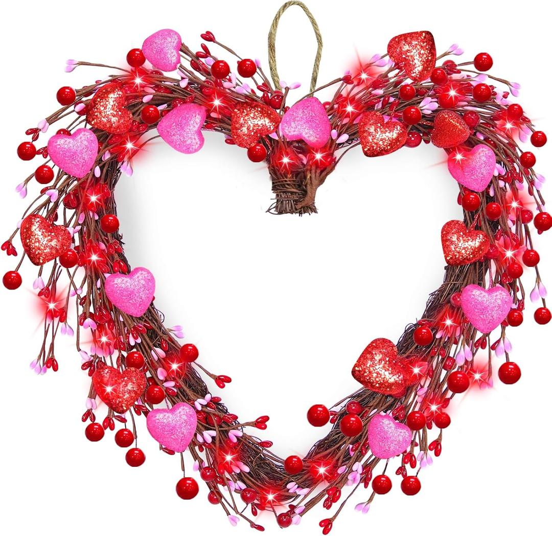 TURNMEON 16" Heart Shaped Lighted Valentines Wreath with 20 Red Lights, Pink & Red Hearts, Adjustable Branch, Indoor/Outdoor Use