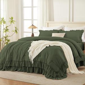 Andency Olive Green Ruffle Comforter Set King, 3 Pieces Solid Bedding
Soft Fluffy Lightweight Polyester Fabric, Shabby Chic Farmhouse All Season Bed Set (1 Comforter 2 Pillowcases)