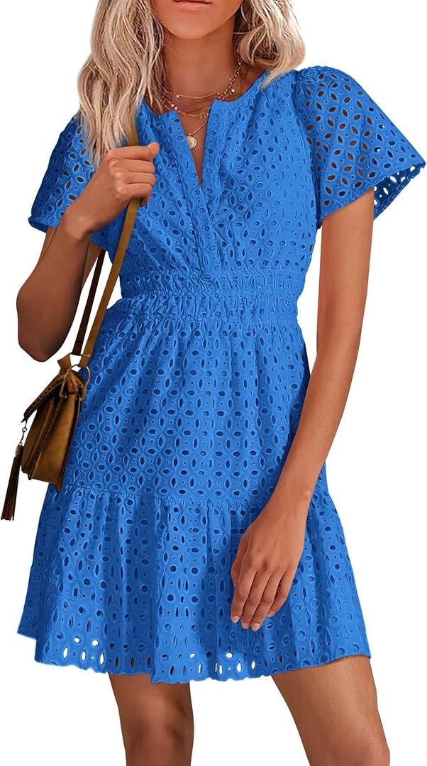 PRETTYGARDEN Womens 2025 Summer Short Dress V Neck Short Sleeve A Line Hollow Out Lace Ruffle Cute Casual Beach Party Dresses (Blue, L)