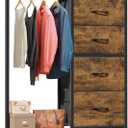 HIGDBFE Dresser with Hanging Rack, 4 Drawers Small Closet for Bedroom, Reversible Fabric Kids Chest of Drawers with Clothes Rack, Tall Storage Tower, Sturdy Frame, Rustic Brown, 44''H