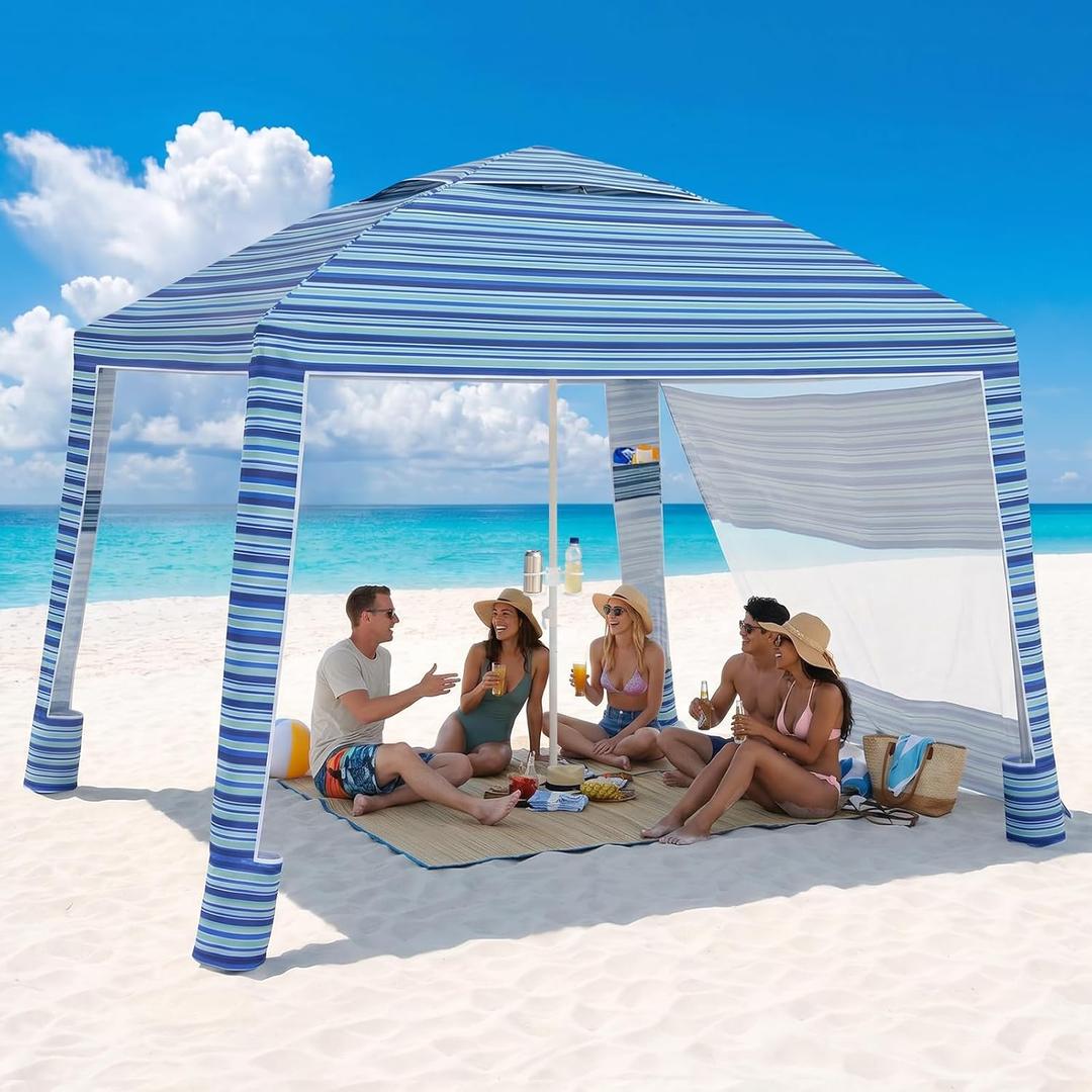 Sekey Beach Cabana - 8x8 FT Easy Setup Beach Shade Canopy UPF 50+ Sun Shelter with Sandbag & Side Wall, Large Portable Outdoor Tent for Family, Light Blue Stripe