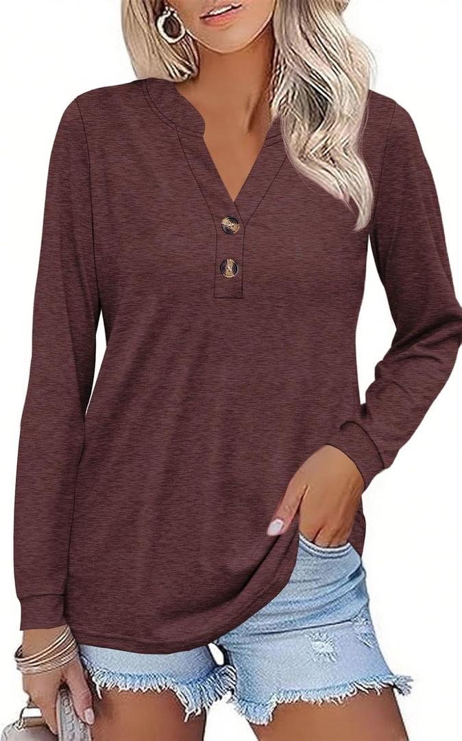 Women Button Down Henley Shirts V Neck Long Sleeve Fashion Dressy Casual Tops Trendy Blouses Loose Fit Tunic (M)