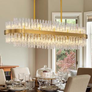 WECHAET 16-Light Modern Gold Rectangle Chandeliers for Dining Room Kitchen Island Light Fixture, 2 Tiers Wave Crystal Glass Chandelier for Living Room, L33.5''