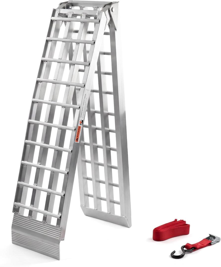 Motorcycle Ramp for Pickup Trucks, 7.5 ft Folding Aluminum Dirt Bike Ramp
1 ramp; 750 lb; 89 x 12 in; folds to 44.5 in; for pickup trucks and trailers; crossbar rungs; 1 safety strap