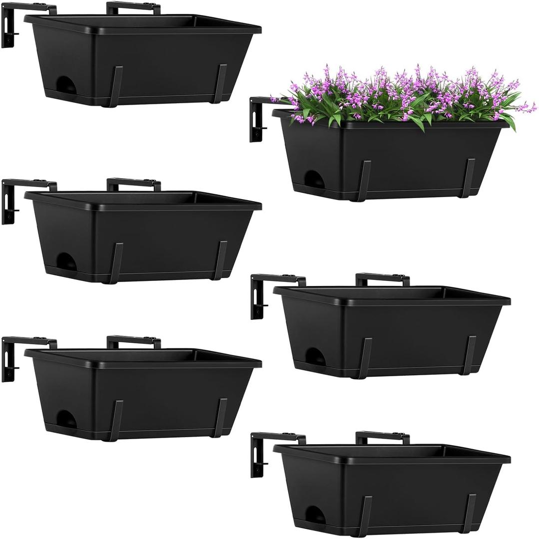 ETELI Railing Planter Hanging and Planter Box Brackets Set 6 Pack Adjustable Deck Window Boxes Planters with Drainage Holes for Garden Railing Fence, Black
