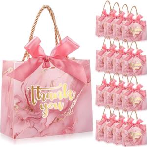 AmazingSpark 40 Pack Small Thank You Gift Bags with Handles 5.5 x 2.4 x 4.7 Inches Mini Gift Bags Bulk with Bow Ribbon Paper Marble for Party Favor Wedding Bridal Shower(Pink)