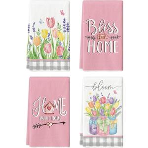 Artoid Mode Tulip Butterfly Lavender Vase Bow House Heart Spring Kitchen Towels Dish Towels, 18x26 Inch Farmhouse Summer Decoration Cleaning Set of 4