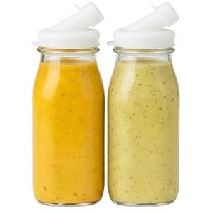 kitchentoolz Salad Dressing Shaker Bottle - 12oz Glass Salad Dressing Dispenser Container with Silicone Pour Spout for Sauces, Ranch, and Marinades - Pack of 2