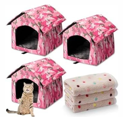 Dansydaisy 3 Set Waterproof Stray Cats Shelter Cat Houses for Outdoor Winter Warm Foldable Pet Cave with Soft Blankets Animal Tent Bed for Winter Feral Puppy Weatherproof  (Style 2, Pink)
