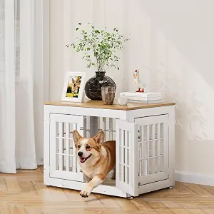 Snuowu 32" Heavy-Duty Dog Crate Furniture for Small/Medium Dogs, Rustic Wooden Dog Cage Kennel Indoor Furniture, Decorative Pet House End Table, White & Wood