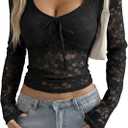 LOMON Women's Lace Long Sleeve Tops Going Out Mesh Sexy Bow Y2K Shirts Medium